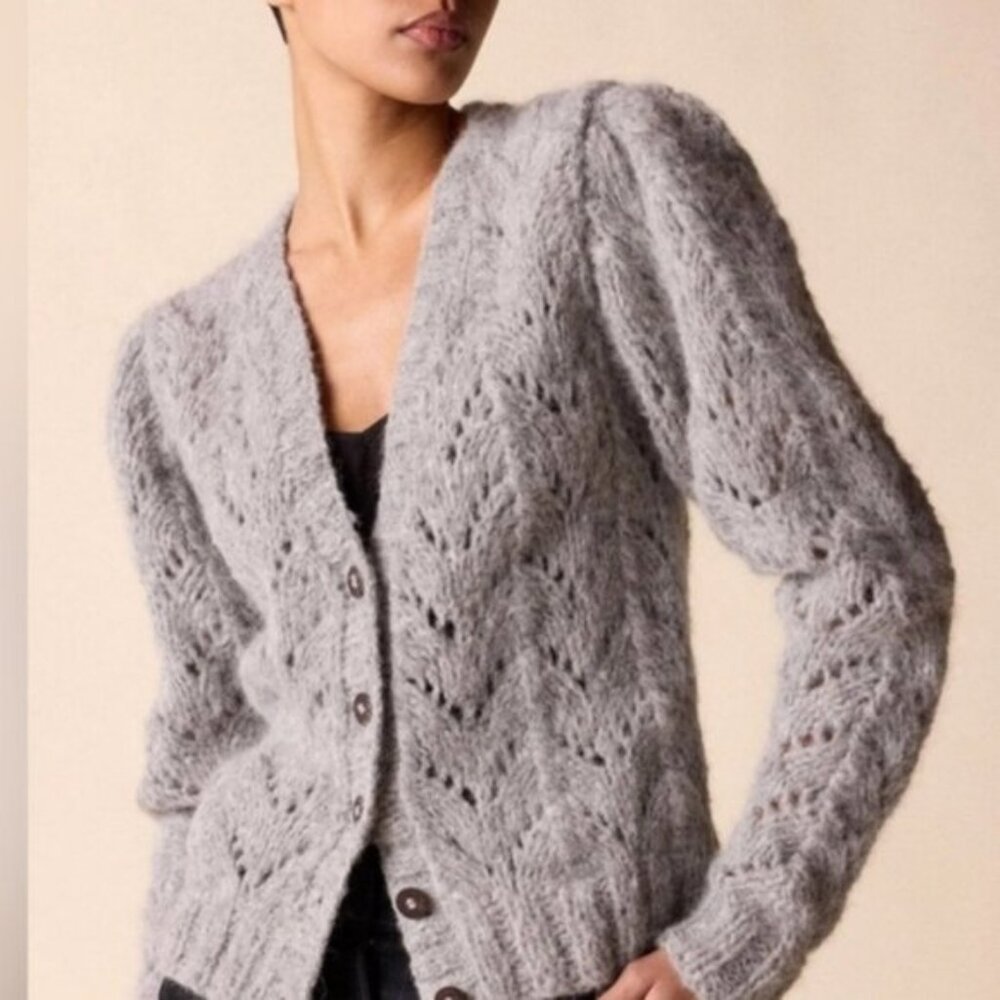 ST. ROCHE Gray Alpaca Blend Pointelle Knit Puff Sleeve Chunky Cardigan Sweater L